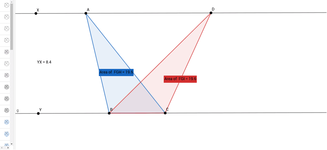 Triangles with same base and parallel lines for height GeoGebra