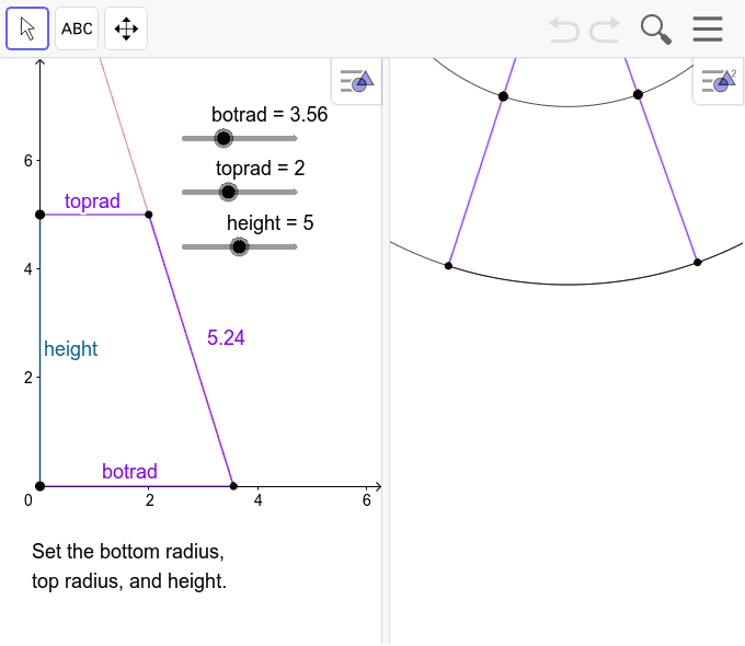 This applet helps you make a pattern for a round lampshade with slanted sides. To print the whole pattern at once (on bigger paper), see https://ggbm.at/WAyTfPCR.