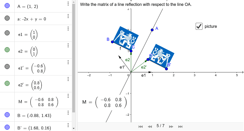 I. 2. Write the matrix for reflection in line OA – GeoGebra
