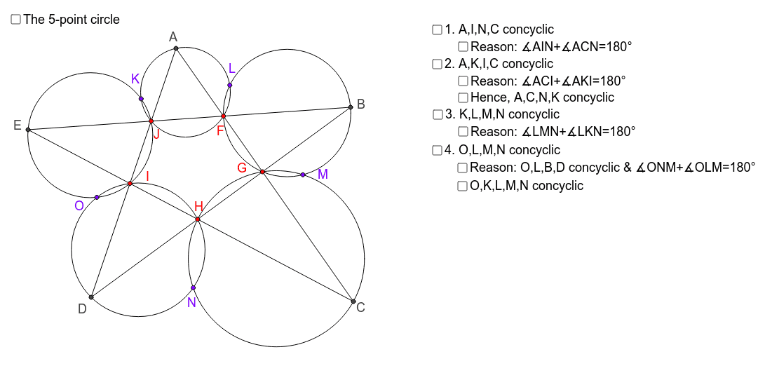 Prove O K L M N Are Concyclic 5 Point Circle Geogebra