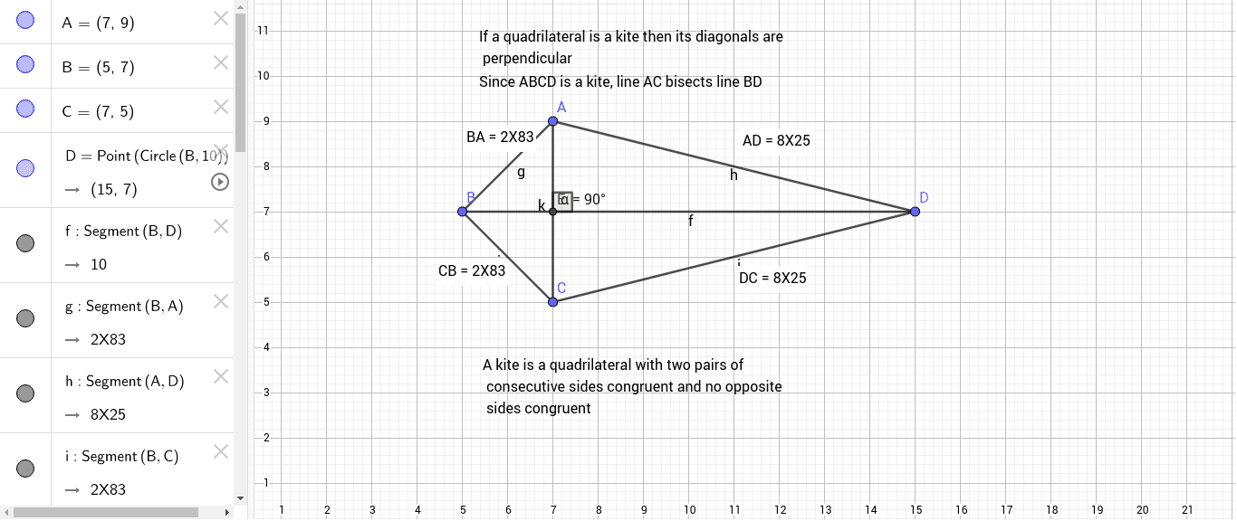 Quadrilateral kite theorem GeoGebra