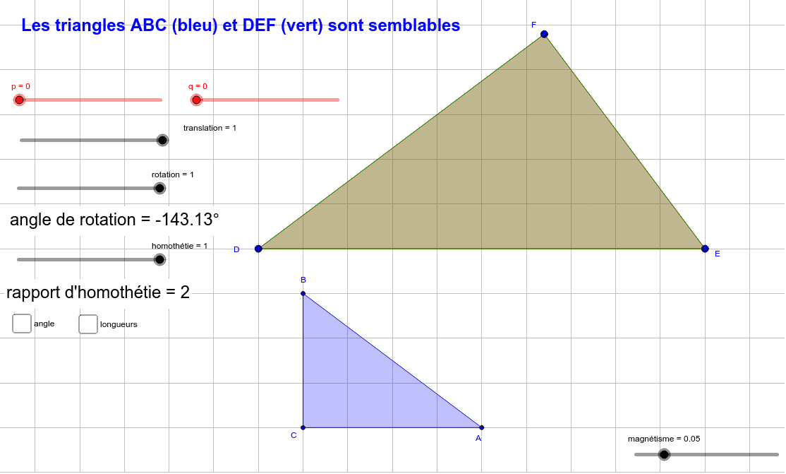 Le triangle rouge est toujours semblable au triangle bleu. Déplacer les points pour retrouver une configuration de Thalès. Déplacer le point F en dernier.
