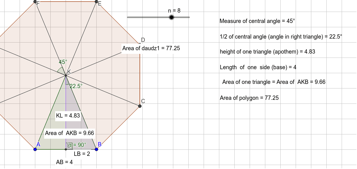 regular polygon area using triangles GeoGebra