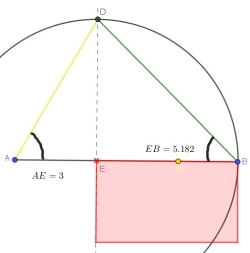 [size=100]La situación en que aparece el rectángulo buscado, se da cuando el punto B está en la circunferencia. Sabiendo los ángulos A y B para esa posición, se puede encontrar D y por tanto, el punto E que divide el segmento. [/size]