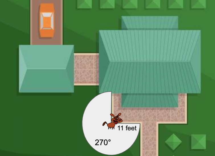 Your dog got a new chain for the backyard today.  In order for him to have enough room to run around, he needs to have a total of 200 square feet that he can reach.  With the leash place at the corner of the porch, will he have enough space?  Find the are