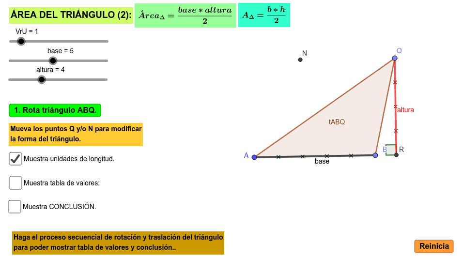 Aplicativo para analizar el área de un triángulo con base en el romboide y su fórmula matemática