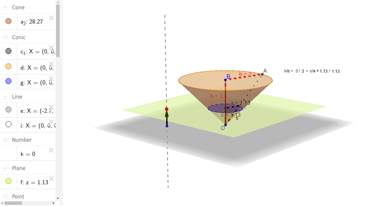 Calculo radio de un cono al hacer un corte – GeoGebra