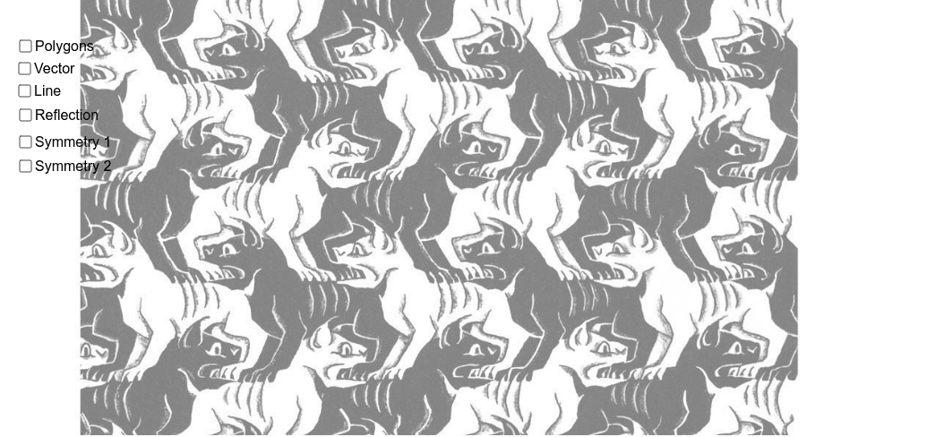 Explore Escher's dog tessellation by checking the boxes and moving the points that show up after a box is checked.
