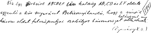 85/b    Egy körbeírt[i] ABCDEF[/i] hatszög [i]AB, CD[/i] és EF oldala egyenlő a kör sugarával. Bebizonyítandó, hogy a másik három oldal felezőpontjai szabályos háromszöget alkotnak. 
   ﻿   ﻿   ﻿   ﻿   ﻿   ﻿   ﻿(Egerváry K. D.)