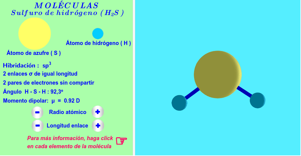 Sulfuro de hidrógeno ( haga click en cada elemento de la molécula ).