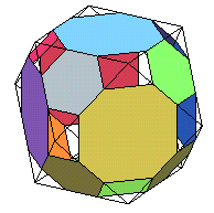Les faces colorées représentent le cuboctaèdre original.