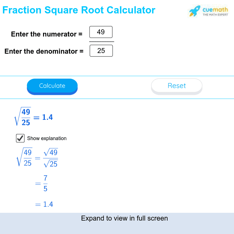 Square root on sale calculator with fractions