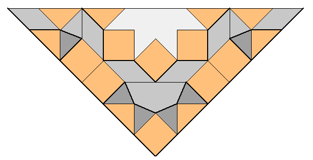 grondplan muqarna in [url=https://www.geogebra.org/m/u3d8sx2h#material/muzg4etf]Mizdakhan[/url] (14e eeuw) opgebouwd uit vierkanten, ruiten en driehoeken met een beperkte set van elementen, laag per laag geschikt
tekening: Shiro Takahashi