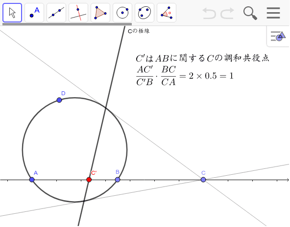 調和共役点・・・外分点Cから内分点C'を作図する方法。CとC’は共役。極線で試してみてください。