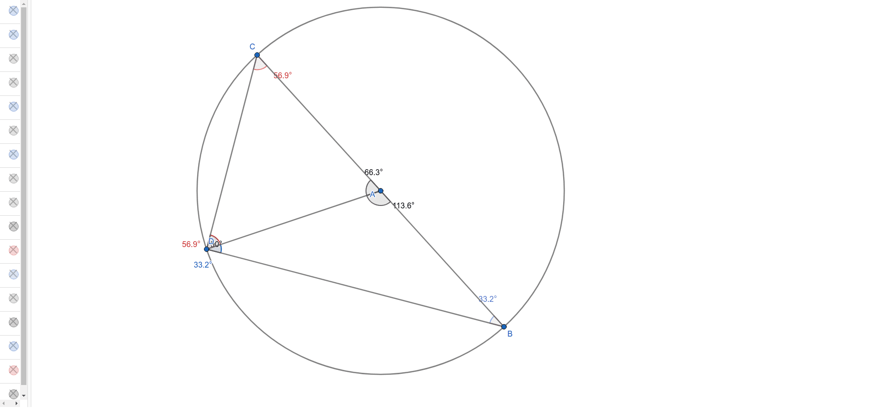 Circle theorem right angle proof with isosceles triangles GeoGebra
