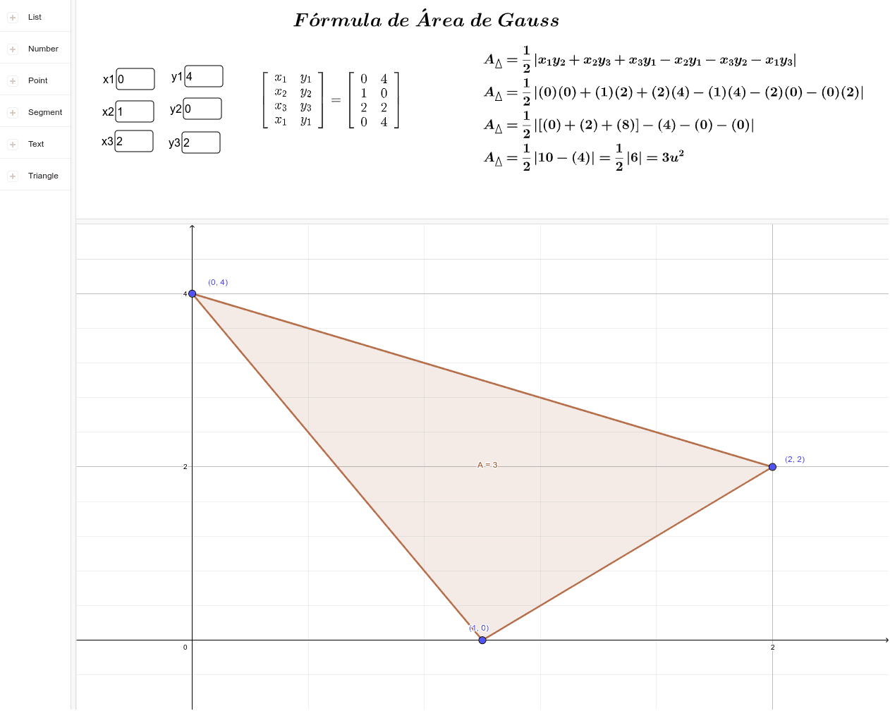 Área de un Triángulo por la Fórmula de Gauss GeoGebra