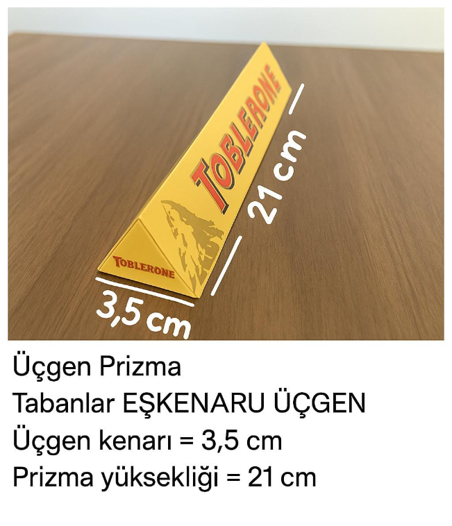 Bu üçgen prizmasının yüksekliğinin 21 cm olduğunu unutmayın. Bu veriyi ve yukarıdaki sonuçları kullanarak aşağıdaki etkinliği tamamlayın.