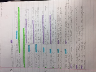 In these notes, many different theorems are explained, such as the triangle sum theorem and the exterior angles theorem. I selected these notes because they were very helpful when trying to understand the multiple different types of theorems. These notes also helped other classmates on confusion they may have had with the different types of theorems.