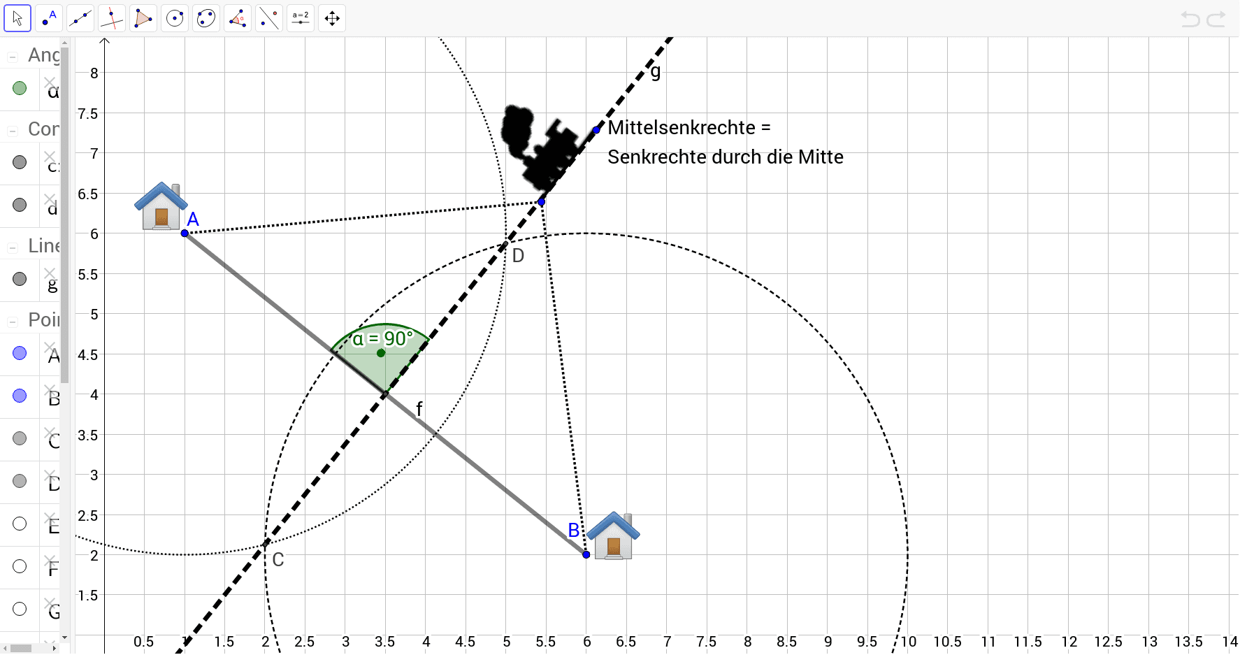 Mittelsenkrechte Gleise genau zwischen zwei Orten GeoGebra Mittelsenkrechte Gleise genau zwischen zwei Orten GeoGebra