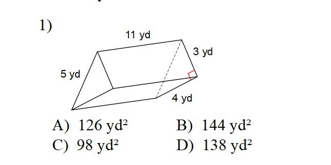 Find the total surface area of the triangular prism. (Find the area of the 2 triangles and the 3 rectangles and add).