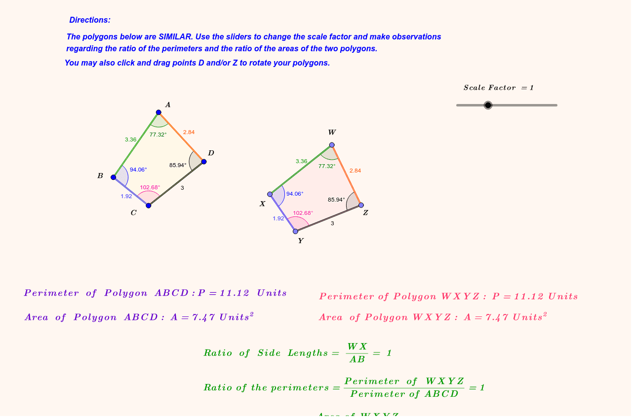 Scale factors of similar polygons and polyhedra geogebra