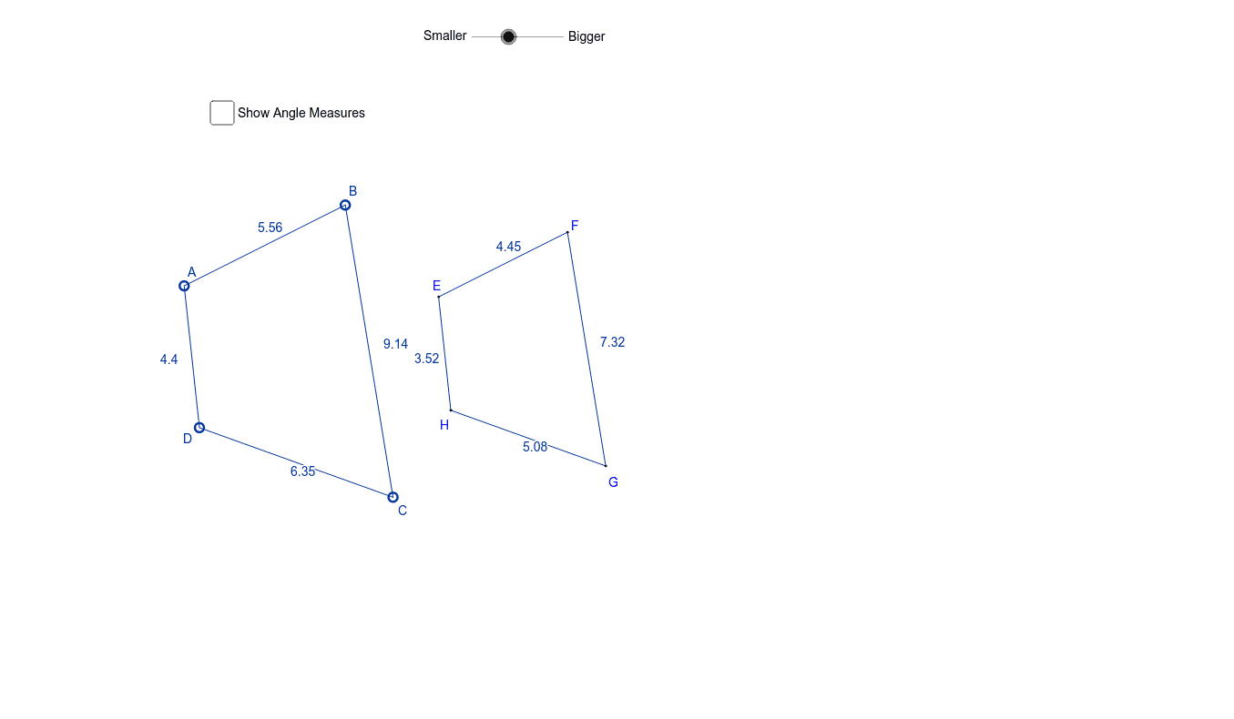 Now let's consider the angles. What do you think the relationship is between the pairs of corresponding angles in the quadrilaterals below? When you're ready, check the box that says "Show Angle Measures" to verify your prediction. What do you notice?