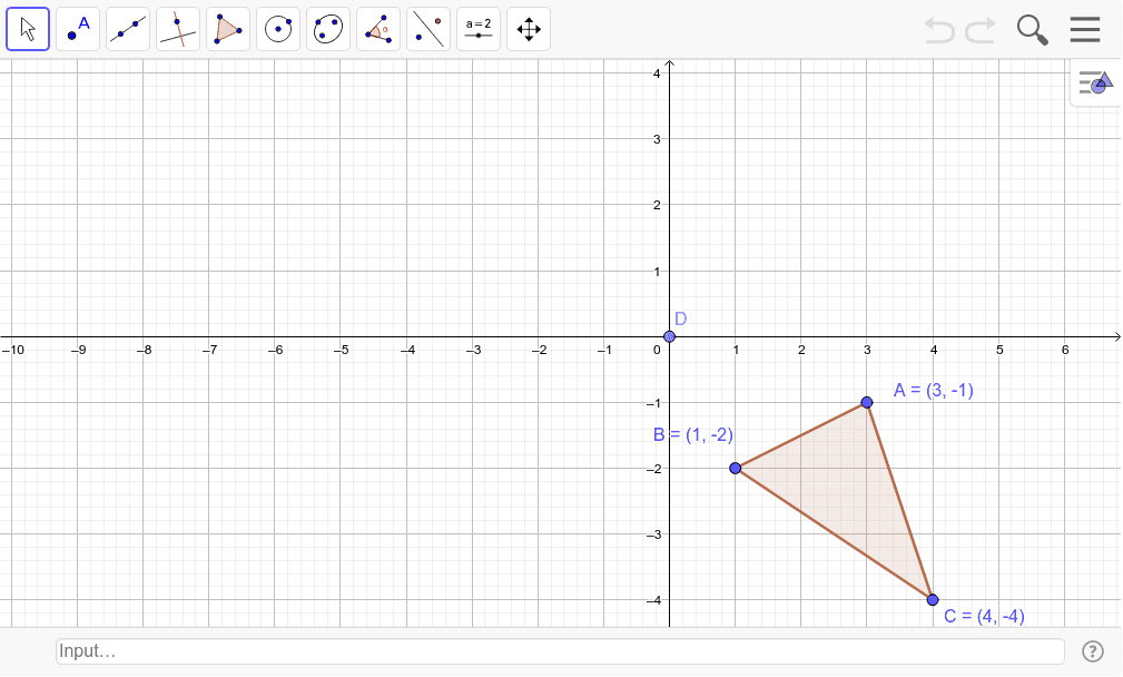 Translate the given triangle (x,y)-->(x-5, y+4); then rotate 90 degrees counterclockwise around D.