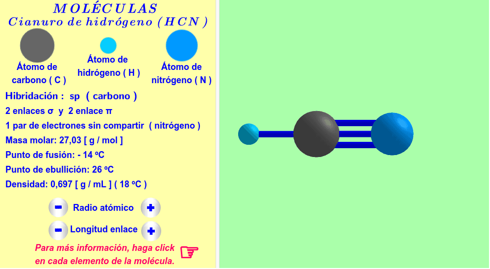 Enlaces simple y triple ( haga click en cada elemento de la molécula ).