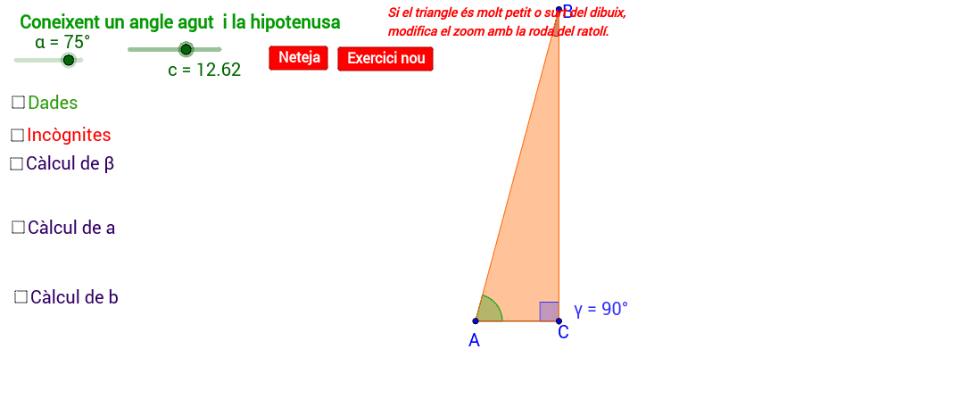 Resolució d'un triangle coneixent un angle agut i la hipotenusa: