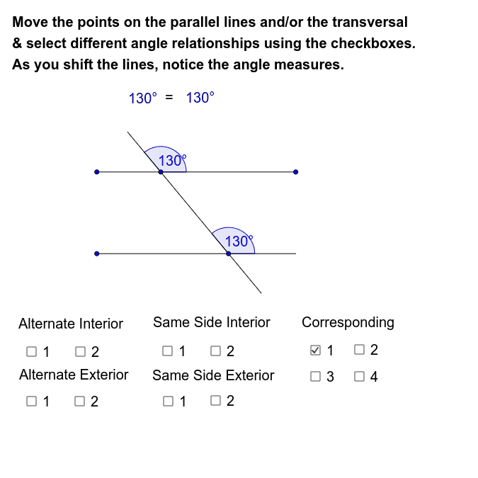 Angles Formed by Parallel Lines and a Transversal GeoGebra