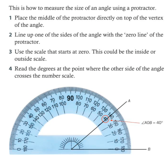 How to measure the size of an angle using a protractor: