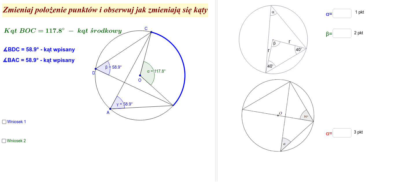 Kąty Wpisane I środkowe Sprawdzian www.geogebra.org