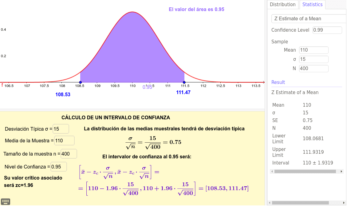 Cálculo de un intervalo de confianza, utilizando GeoGebra.