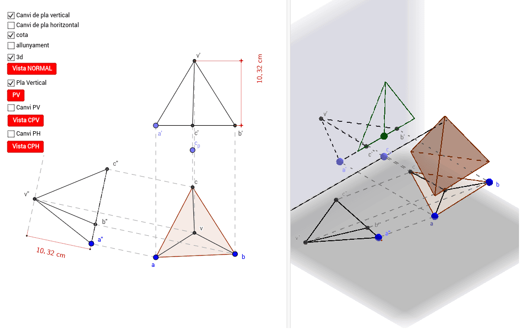 Canvi de pla en 3D, tant horitzontal com vertical d'un tetraedre.