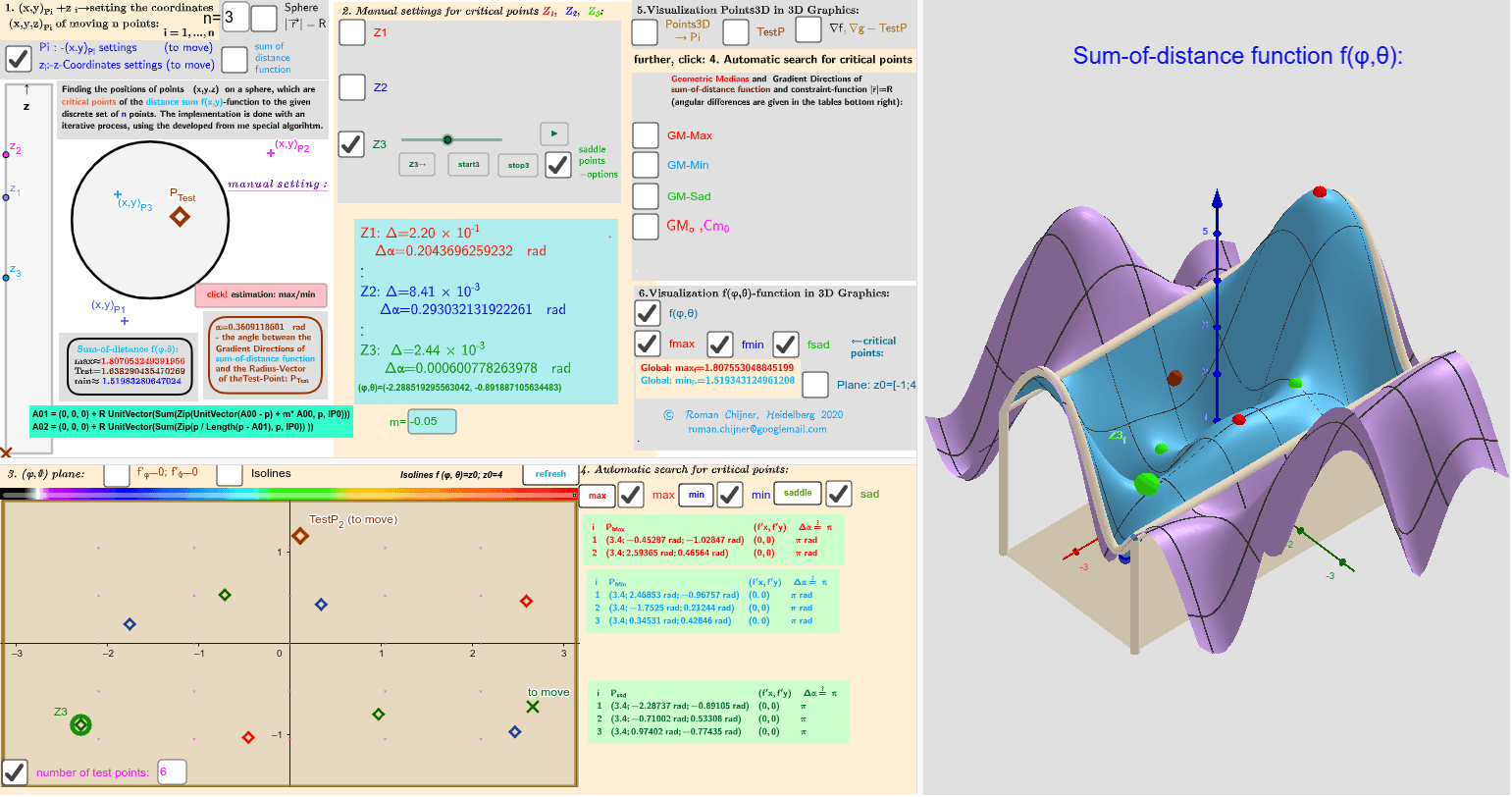 Example 3 Of Applet In Which 3 Moving Points In Three Dimensional Space Induce 8 Geometric Medians On A Sphere Geogebra