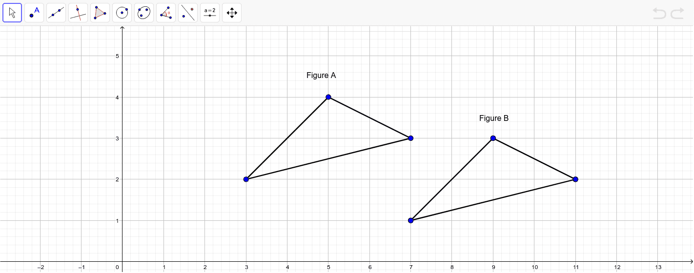 Show that the two triangles are congruent by identifying a rigid motion transformation that maps Figure A to Figure B. Use the tools in Geogebra to show that your transformation works.  Press Enter to start activity