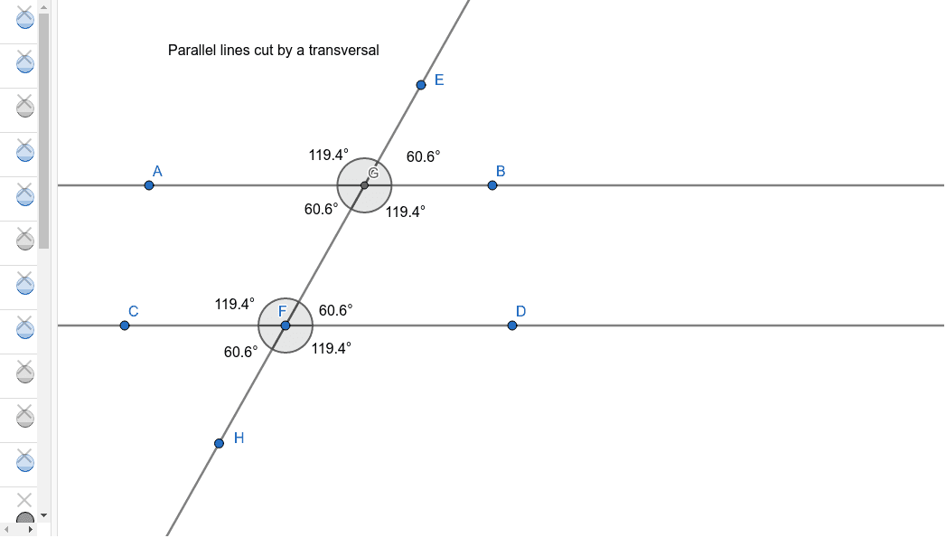 Parallel lines cut by a transversal GeoGebra