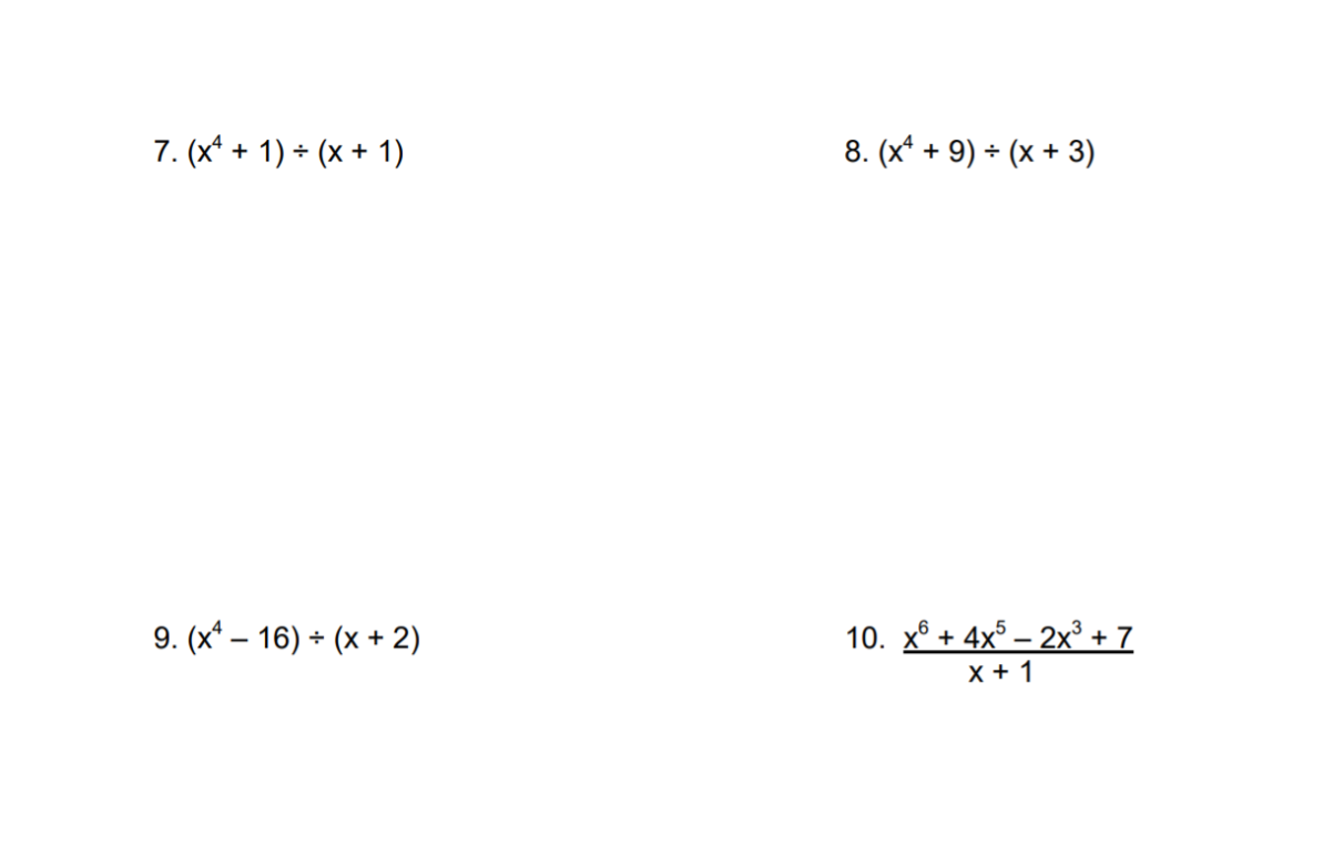 Resuelve cada una de las operaciones propuestas usando la técnica de división sintética también conocida como regla de ruffini. Te será útil usar la [url=https://calculadorasonline.com/calculadora-de-division-sintetica-regla-de-ruffini-online/]calculadora de división sintética online[/url].