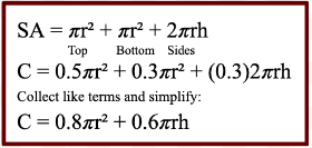 Begin by defining each variable; Let C = the total cost, let 
r = the vial's radius, and let h = the vial's height. We need to input 
the cost relative to each dimension into the surface area 
formula of a cylinder. Recall that the lid on top costs $0.50/cm², 
and glass on the sides and bottom cost $0.30/cm². Simplify 
further by collecting like terms.