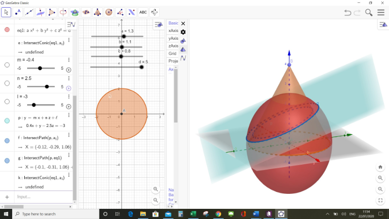 Please note you may get something very dissimilar but only the requirements specified in step-1 are important; that your plane cuts the cone and ellipsoid in a manner that you get ellipse shaped intersections