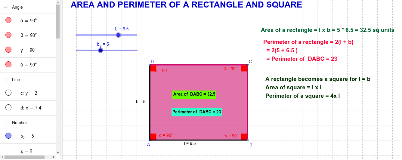 AREA AND PERIMETER OF A RECTANGLE AND SQUARE – GeoGebra
