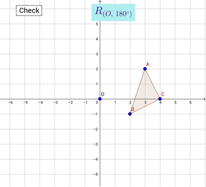 Drag the points to the image of triangle ABC after a rotation of 180° about the origin. Press Enter to start activity