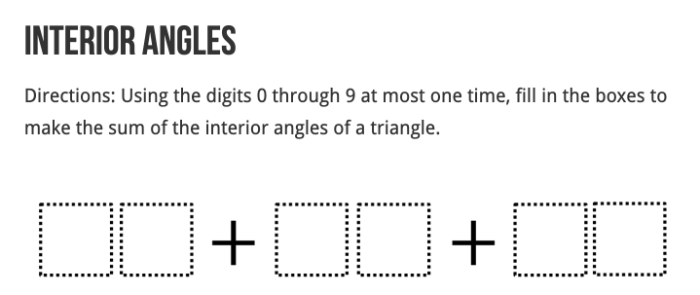 [size=150]Source: [url=https://www.openmiddle.com/]Open Middle[/url]
Problem by [url=https://twitter.com/aa_henderson]Ashley Henderson[/url] [/size]