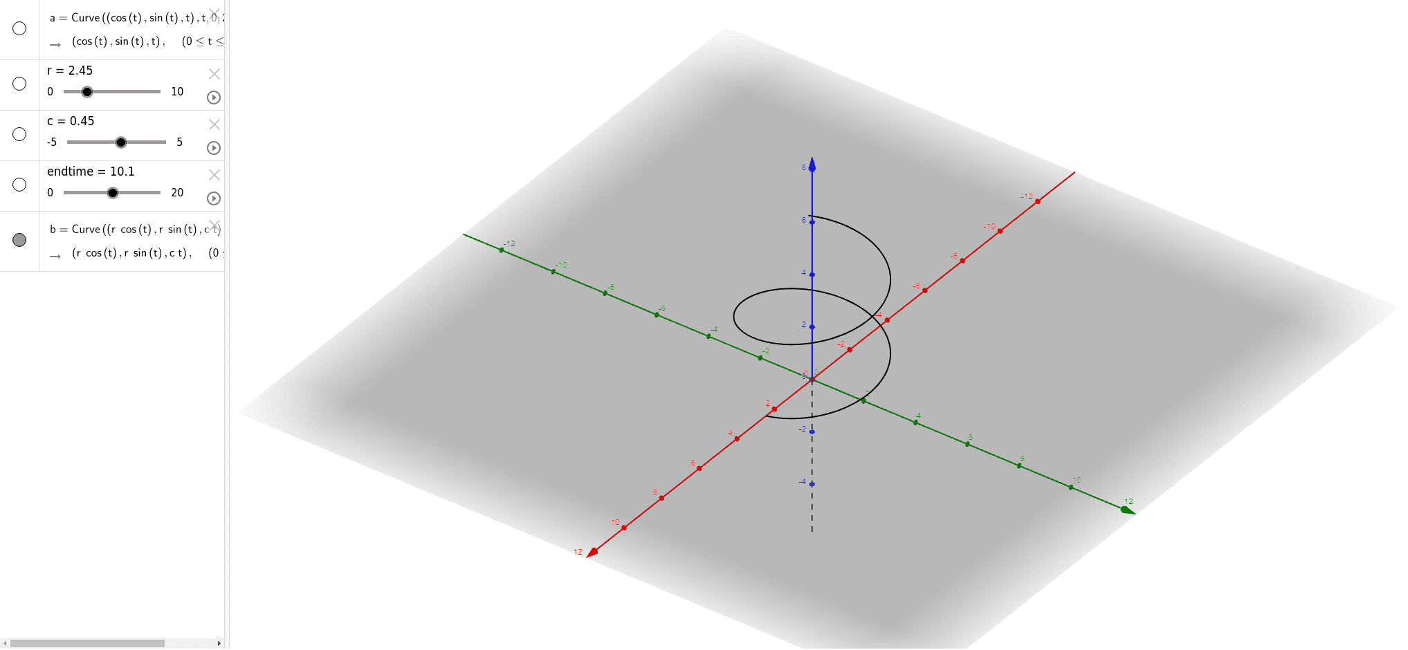 Curve (helix) example GeoGebra