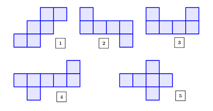 énoncé (image) : reconnaître les patrons de cube parmi les cinq figures proposées ci-dessous qui sont formées avec des carrés..