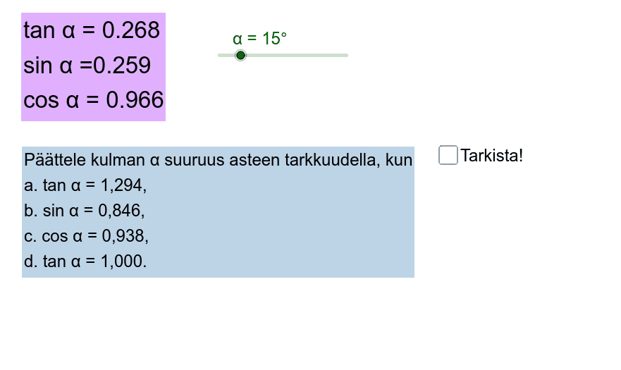 Liikuttele liukusäädintä. Tutki, miten trigonometristen funktioiden arvot muuttuvat.