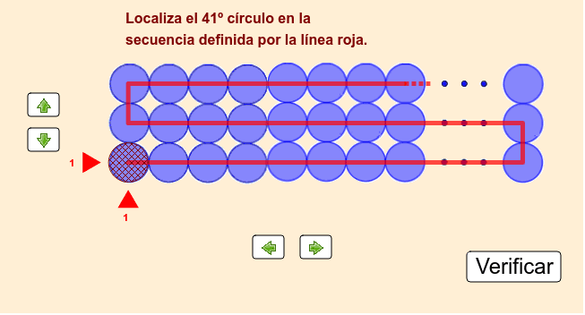 El conjunto siguiente tiene 60 círculos distribuidos en 3 filas y 20 columnas. Debes ubicar el círculo solicitado seleccionando las flechas verdes.