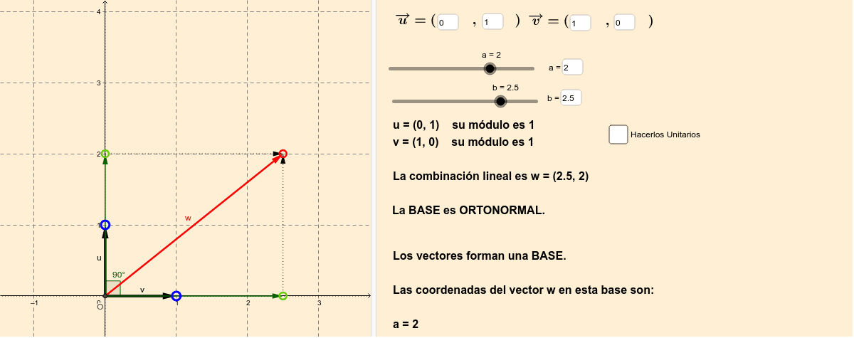 Combinación lineal de vectores. GeoGebra