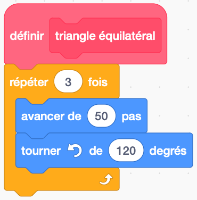 Le bloc ci-dessous permet de tracer un triangle équilatéral de côté 50.