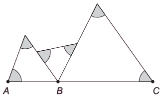 Na figura, os pontos A, B e C estão alinhados. Qual é a soma dos ângulos marcados em cinza?